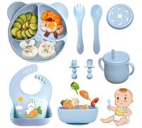 Bizcasa Coffret Repas Bebe 9 pièces, Vaisselle Antiderapant pour Bébé Set Silicone avec Ventouse Assiette Bol Fourche Cuillère Bavoir et Tasse, Assiette Enfant Set, Sans BPA (Bleu)