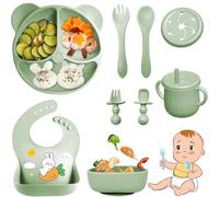 Bizcasa Coffret Repas Bebe 9 pièces, Vaisselle Antiderapant pour Bébé Set Silicone avec Ventouse Assiette Bol Fourche Cuillère Bavoir et Tasse, Assiette Enfant Set, Sans BPA (Vert foncé)