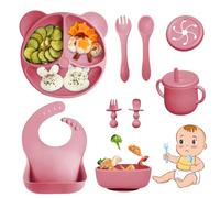Bizcasa Coffret Repas Bebe 9 pièces, Vaisselle Antiderapant pour Bébé Set Silicone avec Ventouse Assiette Bol Fourche Cuillère Bavoir et Tasse, Assiette Enfant Set, Sans BPA (Rose foncé)