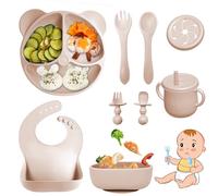 Bizcasa Coffret Repas Bebe 9 pièces, Vaisselle Antiderapant pour Bébé Set Silicone avec Ventouse Assiette Bol Fourche Cuillère Bavoir et Tasse, Assiette Enfant Set, Sans BPA (Beige)