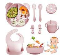Bizcasa Coffret Repas Bebe 9 pièces, Vaisselle Antiderapant pour Bébé Set Silicone avec Ventouse Assiette Bol Fourche Cuillère Bavoir et Tasse, Assiette Enfant Set, Sans BPA (Rose clair)