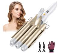 Bizcasa Fer à Boucler,22mm Fer à onduler 3Tete,En Céramique Cheveux Bouclés Barils Cheveux Wavy,2 Réglages Température,Fer à Friser pour Cheveux Long Courts Avec 2clips et un gant(Blanc)