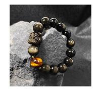 BIZTTLOG Bracelet Ajustable en Obsidienne for Homme, Perles d'agate de la Danse du Lion Chinois, Bijou Spirituel avec Protection en Pierres précieuses Naturelles (Accents dorés)(Gold Obsidian_14mm)