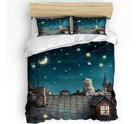 BJCJGGL Housse de Couette 240x260 Adulte Chat sous Un Ciel éToilé Parure de Lit 2 Personnes avec Fermeture Éclair et 2 Taie d'oreiller 65x65 cm - Doux Respirant Microfibre Housse de Couette