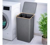 Björn&Schiller Panier à linge avec couvercle, coffre à linge 2 compartiments, 100 litres, étroit et haut, tissu Oxford, gris