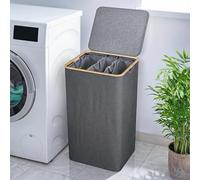 Björn&Schiller Panier à linge avec couvercle, étroit et haut, 3 compartiments avec sacs lavables, cadre en bambou - 150 L, gris