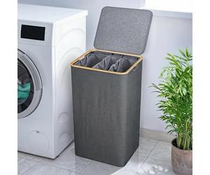 Björn&Schiller Panier à linge avec couvercle, étroit et haut, 3 compartiments avec sacs lavables, cadre en bambou - 150 L, gris