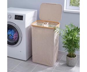 Björn&Schiller Panier à linge avec couvercle, étroit et haut, avec poches intérieures lavables, cadre en bambou stable, moderne et peu encombrant, beige, 105 l