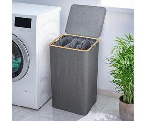 Björn&Schiller Panier à linge, gris, étroit et haut, panier à linge avec couvercle, panier à linge avec compartiments, poches (150L)
