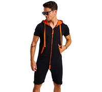 Björn Swensen - Combinaison d'été, courte, en coton, pour hommes - Pantalon de jogging court - Combinaison Onesie - T-shirt à capuche - Pyjama - Survêtement, noir/orange, M
