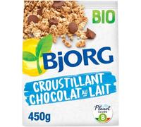 BJORG - Céréales Bio Croustillant Chocolat au Lait - Aux Céréales Complètes - Sans Huile de Palme - Riche en Fibres - Réduit en Sucres - Sachet de 450 g