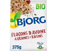 BJORG - Céréales bio Flocons d'Avoine 4 graines raisins | Savoureux mélange croquant | Idéal pour le petit-déjeuner | Le paquet de 375g | LOT DE 4
