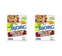 BJORG - Croustillant Chocolat Noir -Recette Réduite En Sucres - Riche En Fibres - Avec des Céréales Complètes Avoine Et Blé - 900g (Lot de 2)