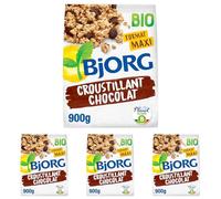 BJORG - Croustillant Chocolat Noir -Recette Réduite En Sucres - Riche En Fibres - Avec des Céréales Complètes Avoine Et Blé - 900g (Lot de 4)