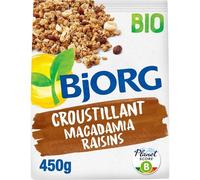 BJORG - Croustillant Macadamia et Raisin aux Céréales Complètes - Riche en Fibres - le paquet de 450g - Le Lot De 4