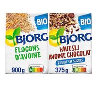 BJORG - Flocons d'Avoine Bio - Céréales Complètes Riches en Fibres - Sans Sucres Ajoutés - 900 g & Muesli Avoine Chocolat Bio - Muesli Croustillant aux Céréales Complètes - Sachet 375 g