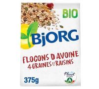 BJORG - Flocons d'Avoine Bio 4 Graines et Raisin - Céréales Complètes - Sans Sucres Ajoutés - 375 g