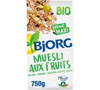 BJORG Muesli Bio aux Fruits - Format Familial 750g - Céréales Complètes, Raisin, Pomme, Banane et Noix de Coco - Riche en Fibres, Réduit en Sucres - Lot de 3