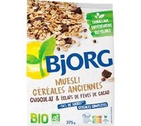 BJORG Muesli Bio Céréales Anciennes Chocolat & Éclats de Fèves de Cacao - Format Familial 375g - Flocons de Seigle, Avoine, Petit Épeautre et Orge Complètes - Sans Huile de Palme - Lot de 3