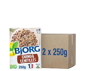 BJORG - Plat Cuisiné Quinoa Lentilles - Plat Préparé Bio - Riche en Protéines et en Fibres alimentaires - Doypack Micro-ondables - 250 g - lot de 2 (total de 500 g)