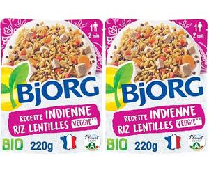 BJORG - Plat Cuisiné Riz Lentilles à l'Indienne - Plat Préparé Bio et Végétarien - Doypack Micro-ondable 220 g