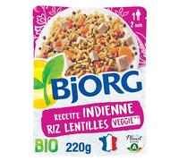 BJORG - Plat Cuisiné Veggie - Riz Lentilles à l'Indienne - Bio - 220 g | Plat préparé Végétarien - 100% Végétal - Prêt en 2 min - Source de Protéines - Doypack Micro-ondable