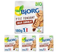 BJORG - P'tit Fondant Coeur Chocolat - Biscuits Bio - Au Blé Complet - Sans Huile de Palme - Source de Fibres - Sans Arômes - Sachet Refermable - 180 g (L'emballage peut varier) (Lot de 4)