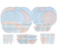 BJORN Service de Table Complet en Porcelaine Émaillée - Collection PATTERN Pastel - Vaisselle Dépareillée pour 6 Personnes, Assiettes et Arts de la Table