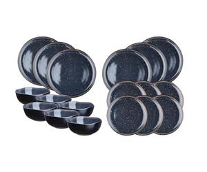BJORN Service Vaisselle Les Essentiels IRIS Bleu Nuit - Service de Table 18 Pièces pour 6 Personnes en Grès Émail Réactif - Assiettes et Bols Design Noir Extérieur