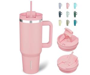 BJPKPK 1.2L Acier Inoxydable Tasse Isotherme avec Poignée Café Tasses Isotherme Gobelets Isotherme avec Paille Voyage, Rose Clair