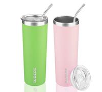 BJPKPK 600 ml Pour 2 Tasse Isotherme avec Poignée et Paille Réutilisable Voyage Café Tasses Isotherme Acier Inoxydable, Rose Clair