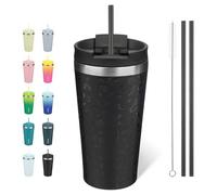 BJPKPK Acier Inoxydable Tasse Isotherme avec Poignée et Paille Voyage Café, 503 ml Réutilisable Tasses Isotherme, Léopard Noir