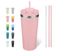 BJPKPK Acier Inoxydable Tasse Isotherme Réutilisable Isotherme avec Poignée et Paille 650 ml Voyage Café Tasses Isotherme, Rose Clair