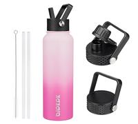 BJPKPK Bouteille Isotherme 1,2 L - Gourde en Acier Inoxydable à Double Paroi avec 3 Couvercles (Dont un à Paille) - Idéale pour l'École, le Sport et le Voyage - Cerise