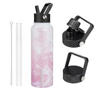 BJPKPK Bouteille Isotherme 1,2 L - Gourde en Acier Inoxydable à Double Paroi avec 3 Couvercles (Dont un à Paille) - Idéale pour l'École, le Sport et le Voyage - Blossom