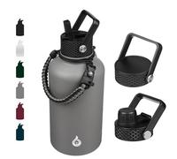 BJPKPK Bouteille Isotherme 1,8 L - Gourde en Acier Inoxydable à Double Paroi avec 3 Couvercles (Dont un à Paille) et Poignée en Paracorde - Idéale pour le Sport, l'École et le Voyage - Grise