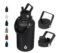 BJPKPK Bouteille Isotherme 1,8 L - Gourde en Acier Inoxydable à Double Paroi avec 3 Couvercles (Dont un à Paille) et Poignée en Paracorde - Idéale pour le Sport, l'École et le Voyage - Noir