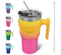 BJPKPK Gobelet avec poignée et couvercle à paille - Gobelet à café isotherme en acier inoxydable de 900 ml pour la maison, le bureau ou la voiture - Rose jaune rose