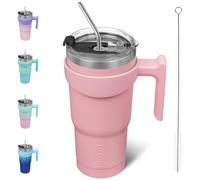 BJPKPK Gobelet isotherme avec poignée en acier inoxydable avec couvercle et paille, 600 ml tasses à café de voyage pour Tasses à café, Light Pink