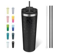 BJPKPK Gobelet isotherme de 530 ml avec couvercle et paille en acier inoxydable - Tasse à café de voyage réutilisable - Motif léopard noir