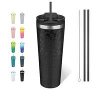 BJPKPK Gobelet isotherme de 780 ml avec couvercle et paille - En acier inoxydable - Réutilisable - Motif léopard noir