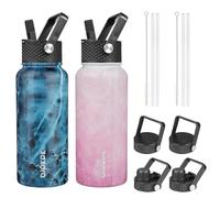 BJPKPK Lot de 2 bouteilles d'eau isothermes avec couvercles à paille - Bouteille d'eau en acier inoxydable avec 6 couvercles, anti-fuite, sans BPA, pour voyage, sport (fleur + océan)