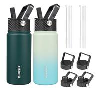BJPKPK Lot de 2 bouteilles d'eau isothermes avec couvercles à paille - Bouteille d'eau en acier inoxydable avec 6 couvercles, anti-fuite, sans BPA, pour voyage, sport (vert militaire + menthe)