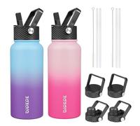 BJPKPK Lot de 2 bouteilles d'eau isothermes avec couvercles à paille - Bouteille d'eau en acier inoxydable avec 6 couvercles, anti-fuite, sans BPA, pour voyage, sport (cerise + rêve océan)