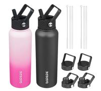 BJPKPK Lot de 2 bouteilles d'eau isothermes avec couvercles à paille - Bouteille d'eau en acier inoxydable avec 6 couvercles, anti-fuite, sans BPA, pour voyage, sport (Sakura + noir)