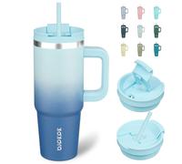BJPKPK Tasse Isotherme avec Poignée et Paille 900 mL Acier Inoxydable Voyage Café Tasses Isotherme, Bleu Ciel