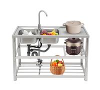BJTDLLX Évier de luxe en acier inoxydable avec meuble sous-évier de cuisine, double bac 120 x 45 x 80 cm, vidage evier 2 bacs, pose libre, commercial, avec unité de drainage et robinet, kit complet