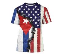 BJU T-shirt imprimé drapeau de Cuba T-shirt imprimé col rond à manches courtes hauts tendance décontractés pour homme et femme, bleu, Taille L