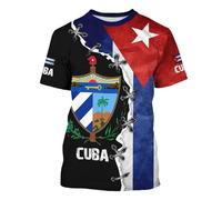 BJU T-shirt imprimé drapeau de Cuba T-shirt imprimé col rond à manches courtes hauts tendance décontractés pour homme et femme, noir, Taille L