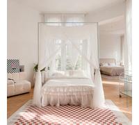 BK&MF Baldaquin de lit à Quatre Pieds en Dentelle élégant, Rideau de lit Trois Ouvertures moustiquaire de rêve, Rideau Complet pour Chambre Adulte Mariage et Enfant,Blanc,200x220cm(79x87inch)